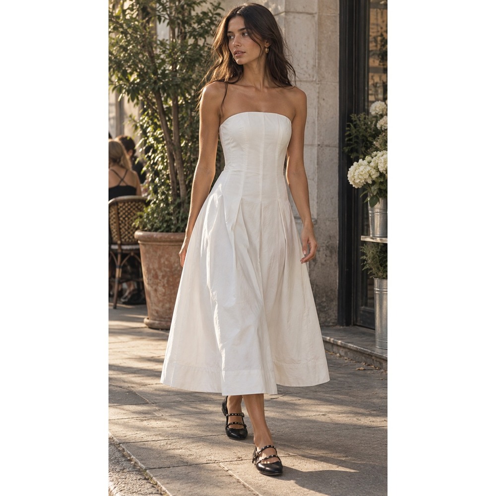 NWT Anthropologie Mare Mare Strapless Seamed A-Line Cotton Midi Dress White XS